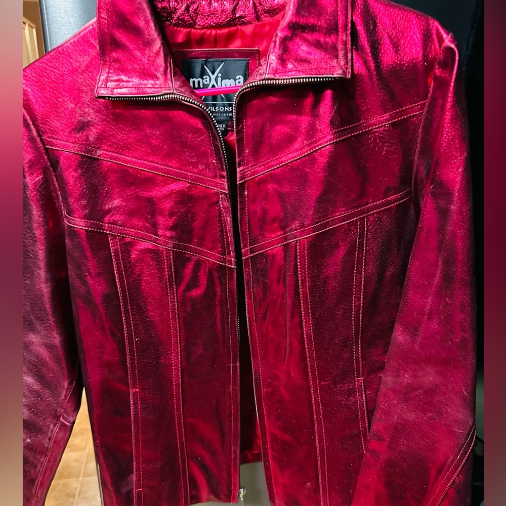 🍒 Cherry Bomb! Vintage 90’s Metallic Red Leather Jacket, Maxima by Wilsons